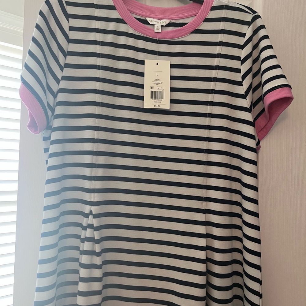 crown & ivy Navy and White Striped Tee with Pink Trim
